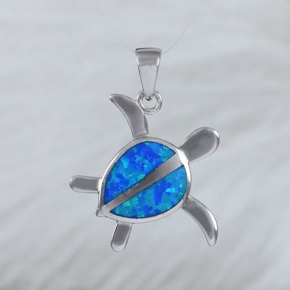 New Silver Blue Opal Sea Turtle Pendant Necklace - Picture 1 of 4